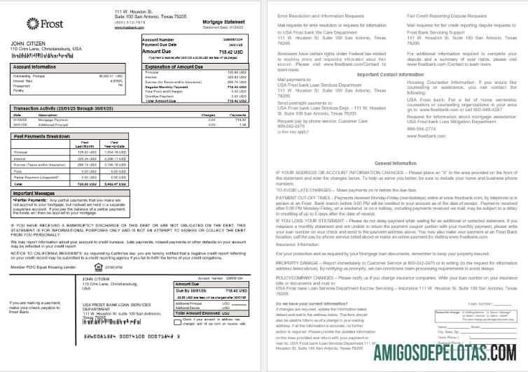 Extrato de hipoteca do USA Frost Bank em formatos Word e PDF exemplo real